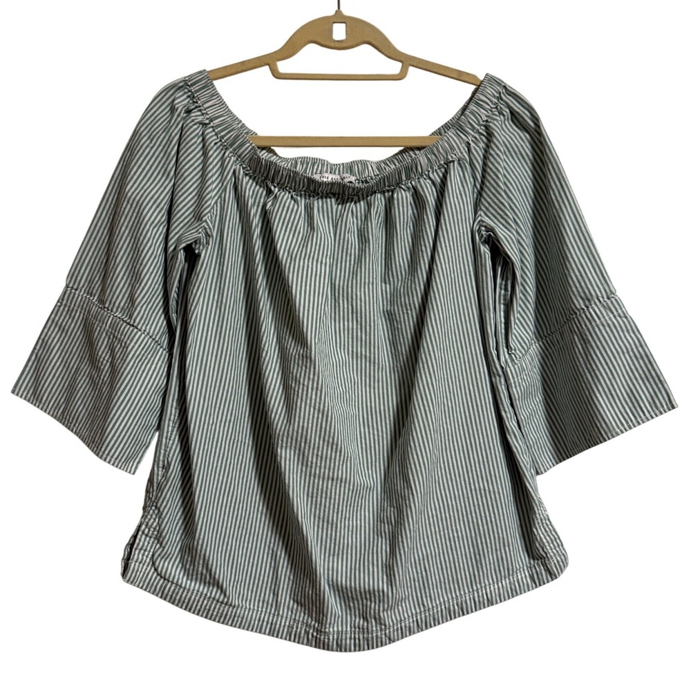 Free Assembly Womens Green White Striped Off-the-Shoulder Bell Sleeve Top S
